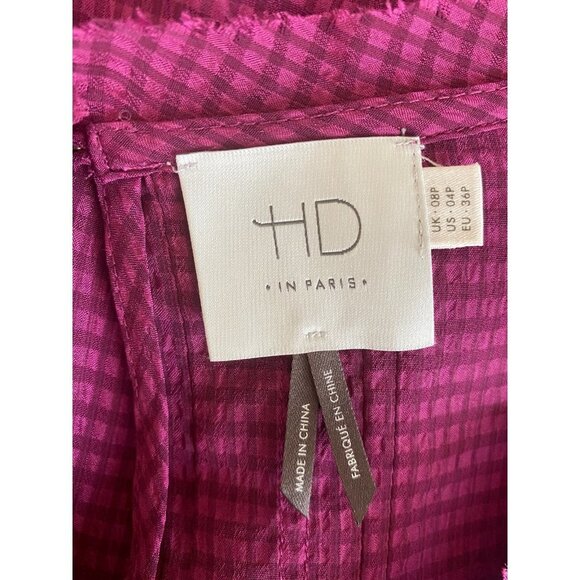 Anthropologie HD in Paris Swing Top Size 4P Blouse Sheer Check Tiered Fuschia - Picture 5 of 6